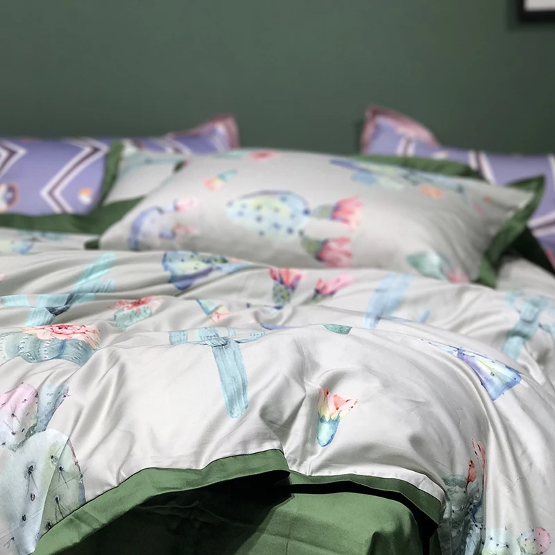 100 комплект постельного белья из египетского хлопка king size, постельное белье с цветами и зелеными тропическими листьями, пододеяльник, простыня, постельное белье из сатина, 4 шт