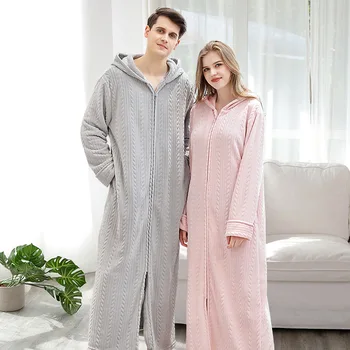 

Winter Warm Flannel Lovers Long Kimono Gown Casual Soft Bath Gown Sleepwear Long Robe Thicken Coral Fleece Nightdress Homewear