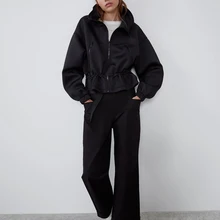 Модная черная куртка с высокой талией, женская новая Корейская однотонная простая повседневная Элегантная куртка на молнии с отложным воротником, пальто ZA осень