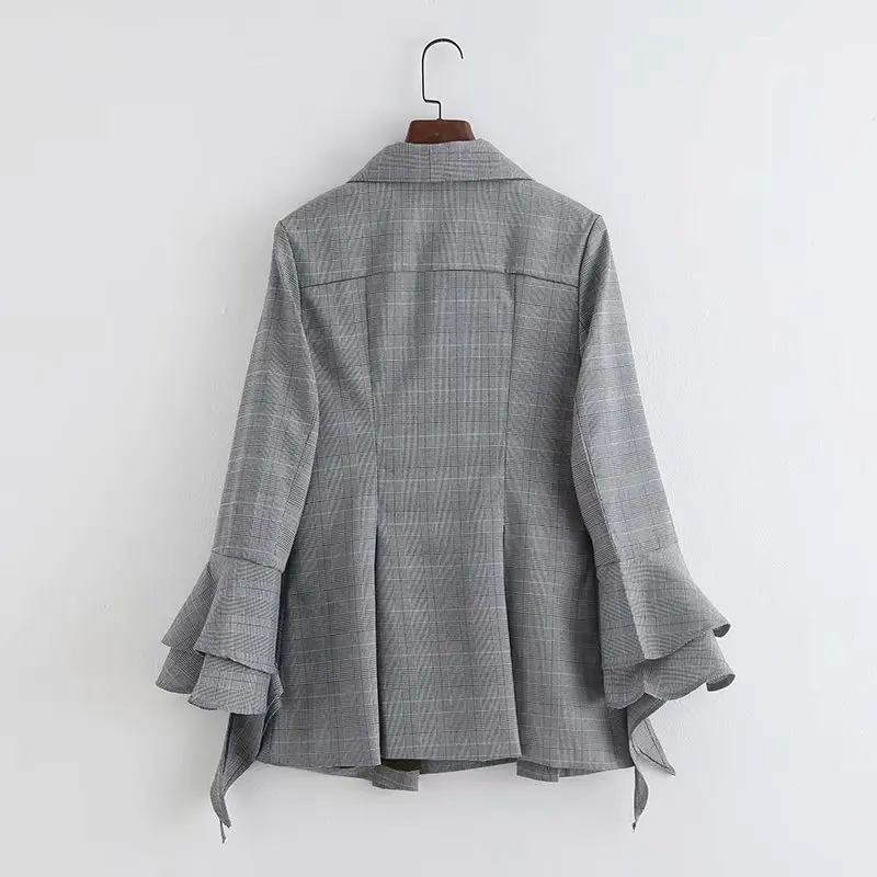 

2019 Autumn New Style Europe And America Double Breasted Commuting Bell Sleeve Plaid Suit Jacket Women's 017159