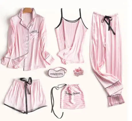 A 7 шт./5 шт. пижамный комплект женские шелковые летние сексуальные пижамы женские рубашки с длинными рукавами брюки ручной работы стежка белье Полосатое ночное белье - Цвет: A
