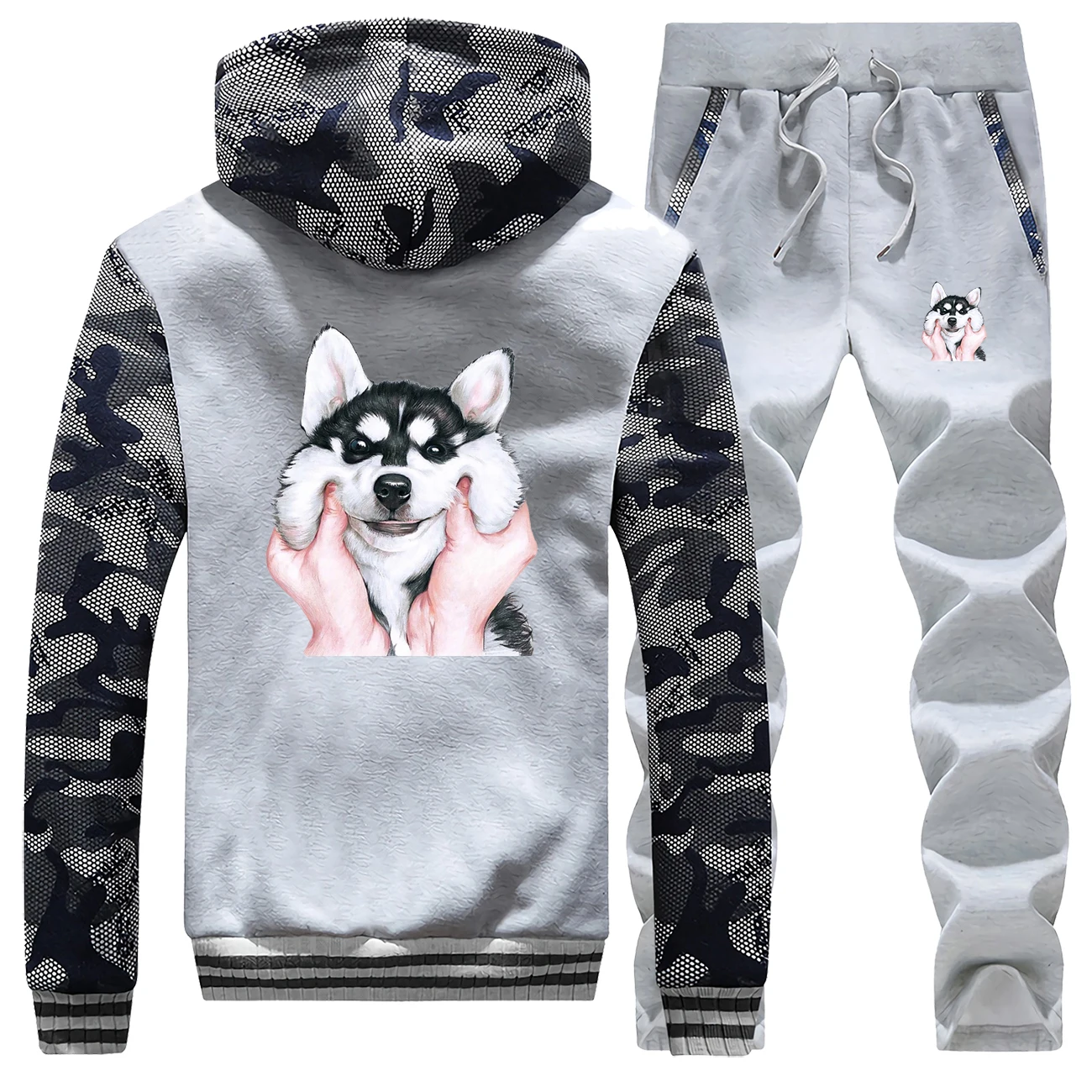 Animal Dog Gesture Boy Warm Suit Men's Thick Hoodies Lovely Siberian Husky Print Sweatshirt Men Winter Jacket+Pants 2 Piece Sets Animal Dog Gesture Boy Warm Suit Men's Thick Hoodies Lovely Siberian Husky Print Sweatshirt Men Winter Jacket+Pants 2 Piece Sets