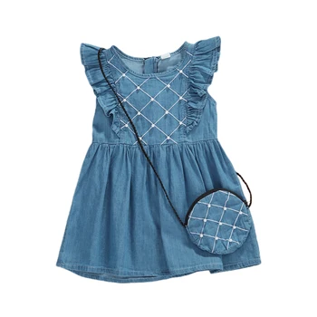 

Toddler Infant Newborn Baby Girls Denim Dress with Beads Decor Summer Fashion Casual Flying Sleeve Princess Dress With Crossbag