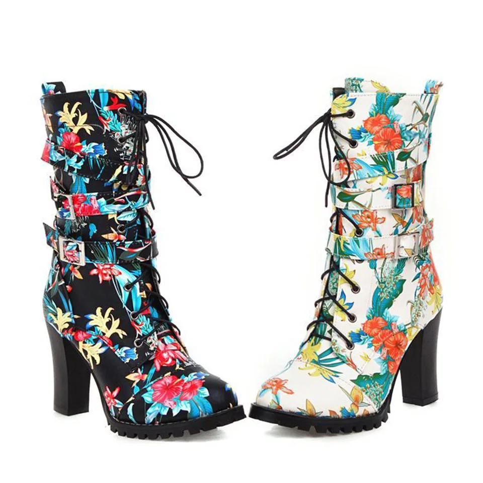 

Winter Boots Women High Heels Leather Spring Autumn Shoes Flower Printed Lace-Up Pointed Toe Ankle Boots For Women Large Size 43