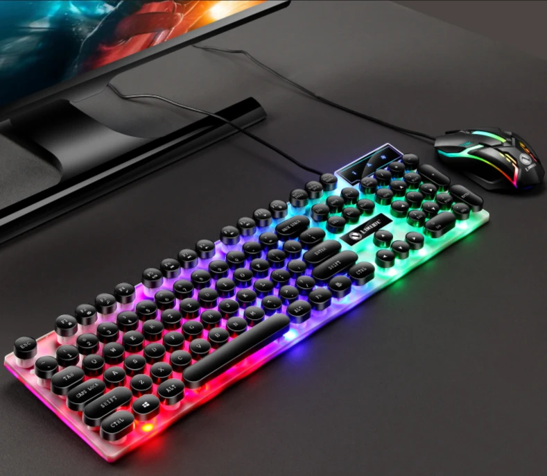 GTX300 Typewriter Keyboard and Mouse Set Punk Retro Keyboard Backlit Game USB Wired Keyboard and Mouse Set for PC Desktops