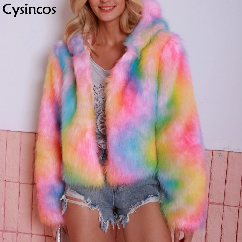 Cysincos 2019 новая зимняя теплая Женская куртка из искусственного меха разноцветная с