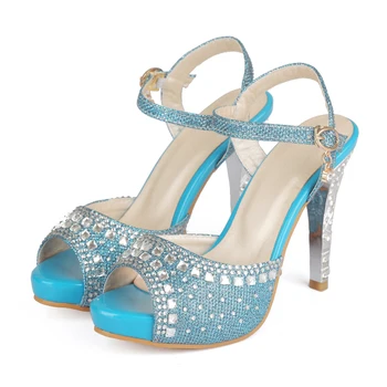 

Sexy Platform High Heels Ladies Sandals Peep Toe Ankle Strap Women Shoes Diamond Crystals Wedding Shoes Bridal Blue Golden