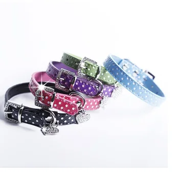 

100pcs Polka Dot PU Leather Dog Collars Cute Puppy Collars With Heart Diamante 5 Colors 4 Sizes WA1824