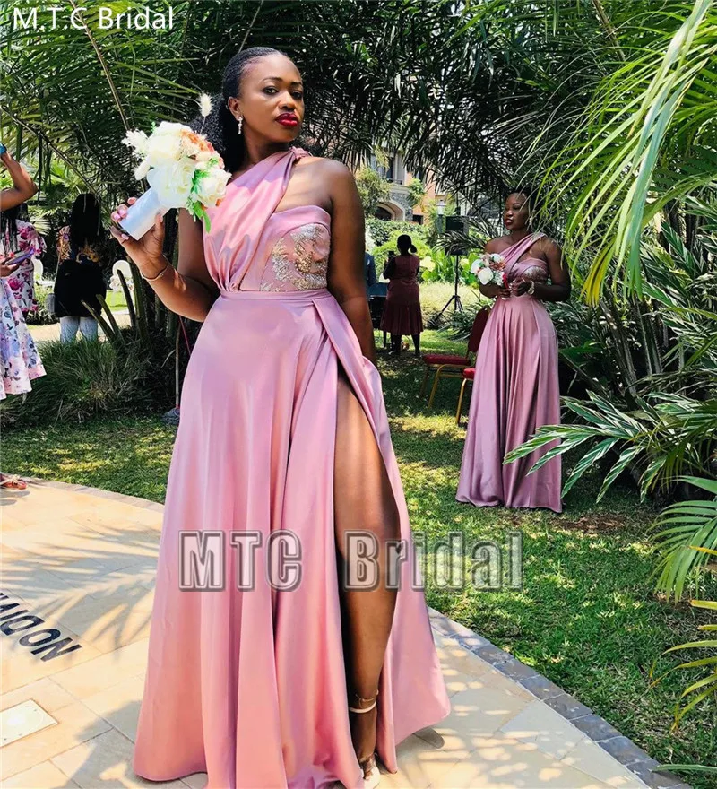 Pink One Shoulder Bridesmaid Dresses Long Satin Best Women Gowns For Black Girls High Slit Backless Sexy Maid Of Honor Dress