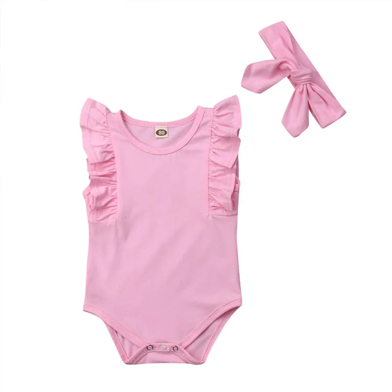 Baby Girls One Pieces Clothes de Sleeveless Headband Bodysuits Girl bebe Newborn Ruffles bebe With roupas Bodysuits Summer body - Color: Pink