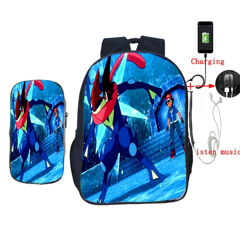17 Pokemon Greninja 2 шт./компл. рюкзак для женщин и мужчин школы USB рюкзаки с зарядным устройством для подростков девочек мальчиков ноутбук путешествия рюкзак - Цвет: 17