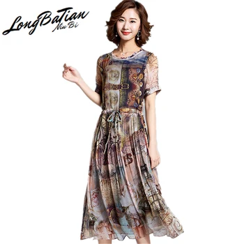 

Real 2020 100% Dress Women Spring Summer Vintage Printing Long Dresses Natural Silk Fabric Vestido Casual Z19X022