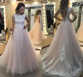 

CheapTulle Prom Dress with Lace Appliques Backless Custom Made A Line Party Gowns Lace Up Back Jewel Neck Sleeveless Vestidos