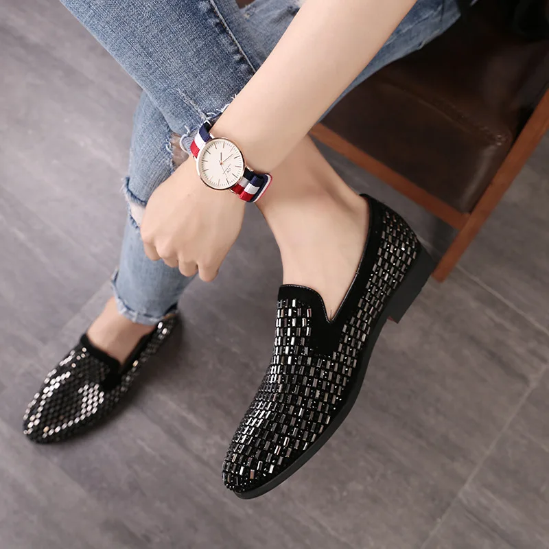 

QWEDF Full Shining PVC Bricks Decoration Mens Formal Dress Shoes Soft Sole Slip-on Loafers Big Size Party Casual Shoes K6-12
