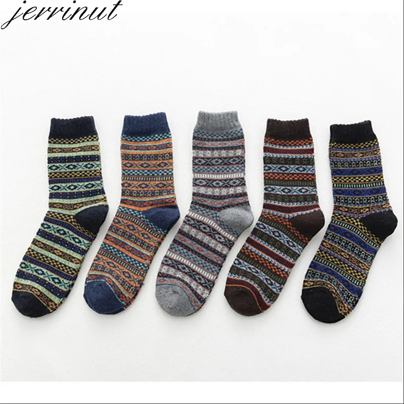 Jerrinut 5 пар теплые носки для зимы мужские полосатые повседневные деловое шерстяное хлопковые носки Happy Harajuku с принтом толстые нейлоновые носки