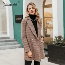 Simplee винтажные офисные женские клетчатые блейзеры с длинным рукавом и карманами, Женский блейзер, пальто, элегантные женские куртки на осень и зиму