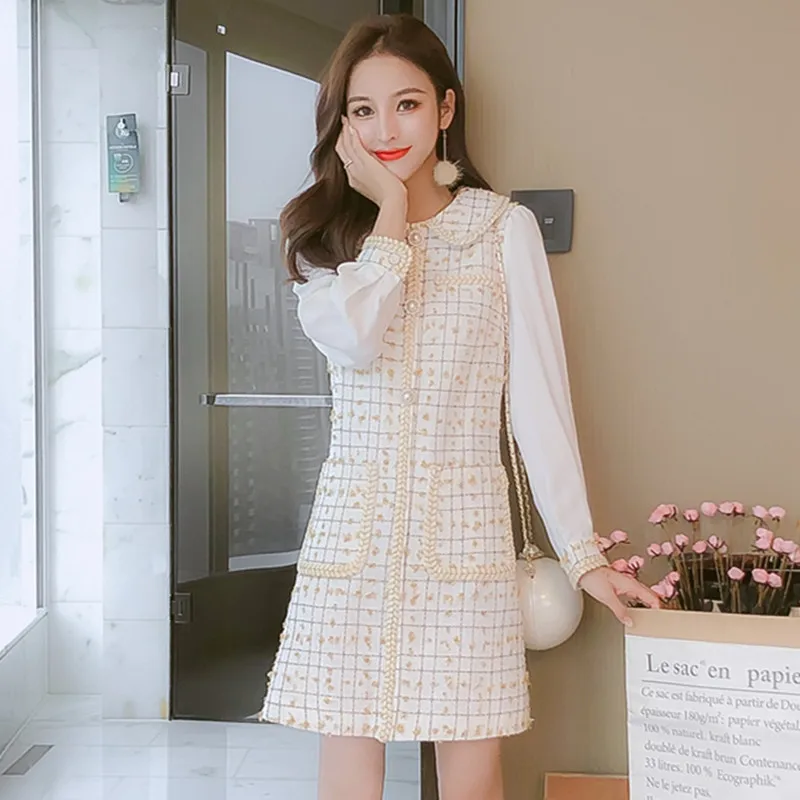 

High-end Women Peter Pan Collar Tweed Dress Vintage Wool Plaid Embroidery Dress Elegant Button OL Woolen Autumn Dress For Female