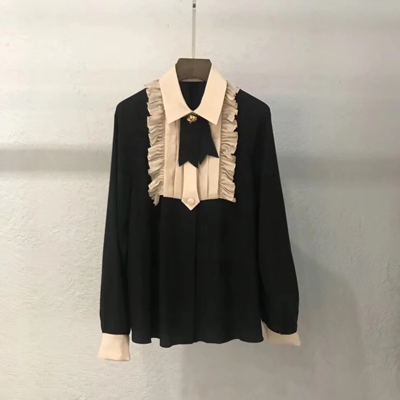 

Fashion Black Silk Blouse Ladies Casual Long Sleeve Button Turn-down Collar Silk Satin blouses shirts