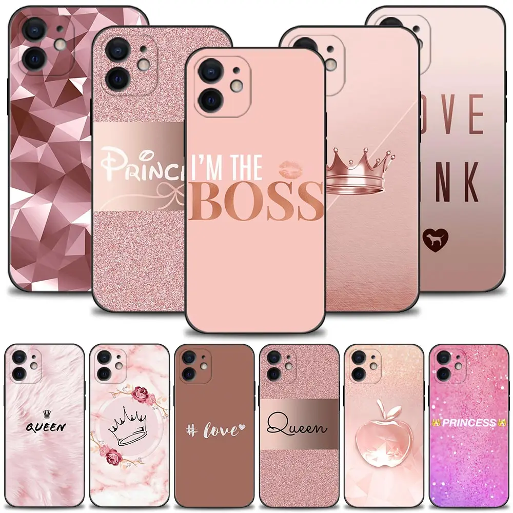 Rose Gold Pink Princess Queen Phone Case For iPhone 13 12 11 Pro Max XS Max XR X 7 8 Plus 12 Mini 6S 5S SE 2020 Silicone Cover