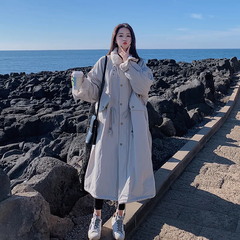 

Lambs Wool Cotton Coat Women's Winter Mid-length 2019 New Style Waist Hugging Fold-down Collar Cotton-padded Jacket INS Hong Kon