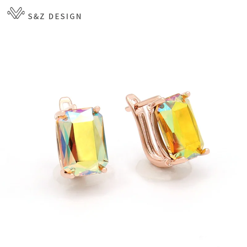 S&Z DESIGN New Fashion Fine Rectangular Crystal Dangle Earrings For Women 585 Rose Gold Color Wedding Jewelry
