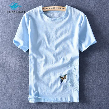 

Men Summer Fashion Brand China Style Bird Embroidery Cotton Linen O-neck Short Sleeve T-shirt Male Casual Tee Tshirts Cloth