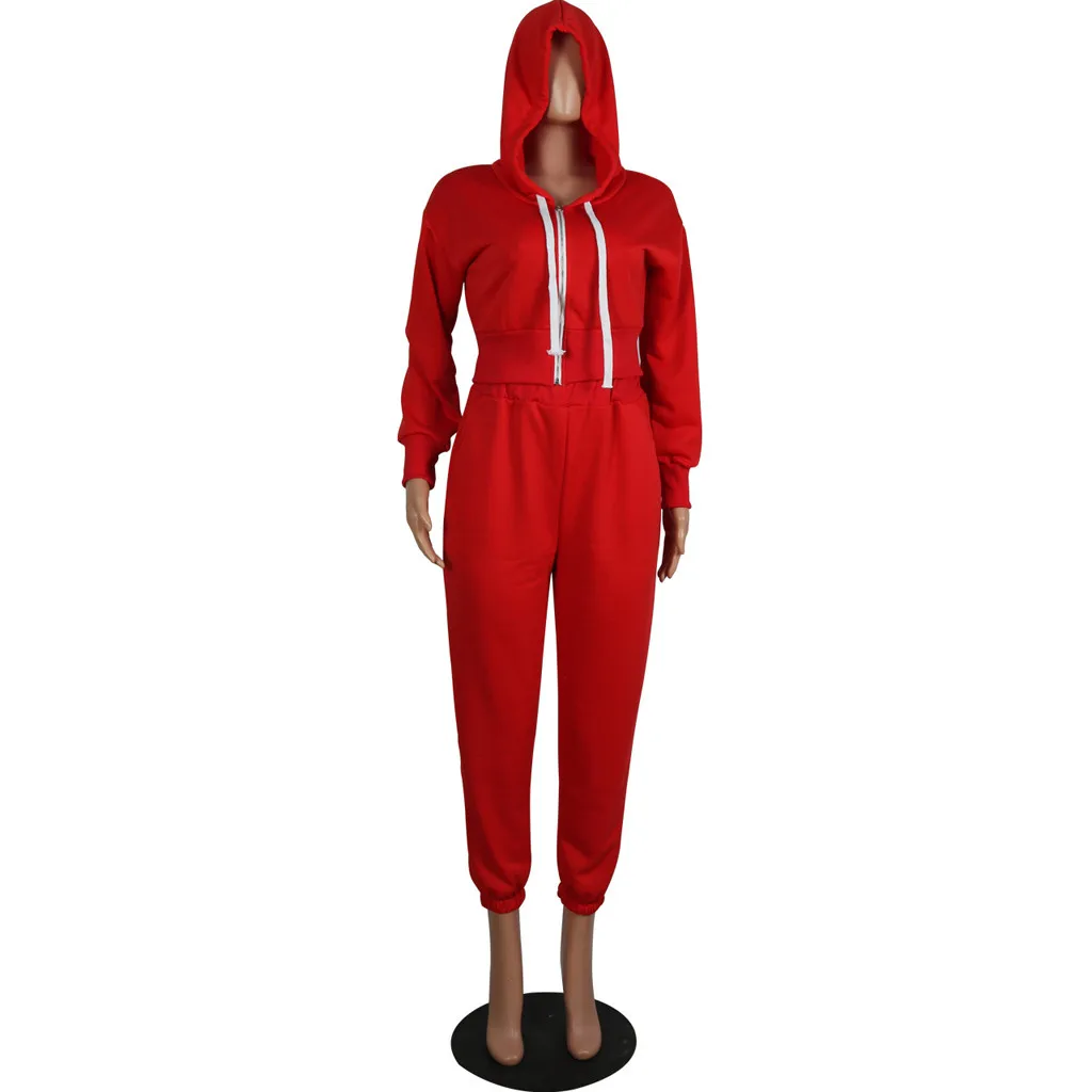 Осенне-зимний спортивный костюм для женщин, однотонный красный женский спортивный костюм, комплект осень-зима, тренировочный костюм для женщин с капюшоном chandal mujer#3