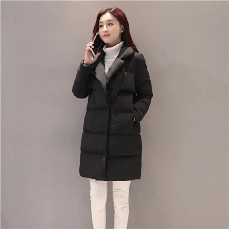 Cena 2020 płaszcz zimowy damski garnitur kołnierz był cienka bawełna kurtka czarny długi parki koreański kobiet odzież zimowa płaszcze V1118