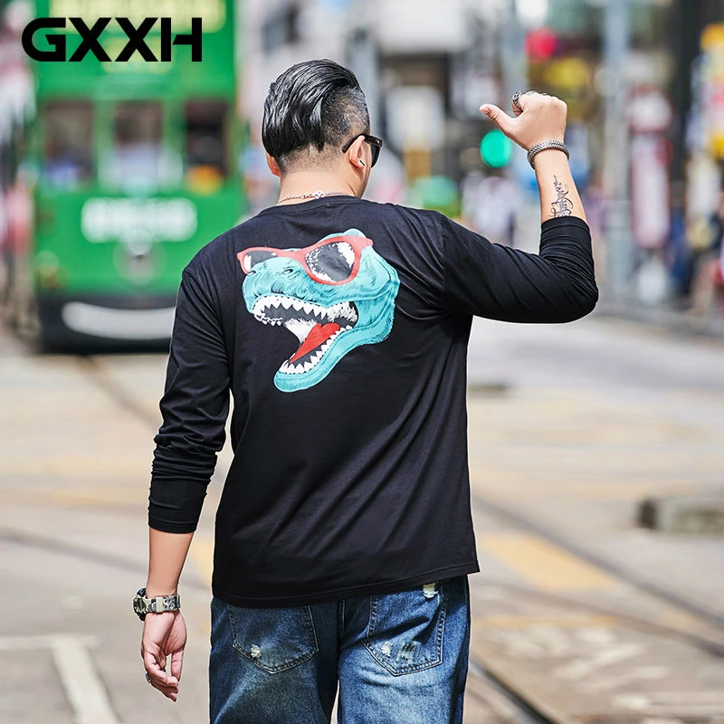 Футболка размер плюс мужской 5XL негабаритная Футболка Мужская хлопковая футболка с рисунком динозавра и круглым вырезом Осенняя черная футболка большой 6XL 7XL высокий
