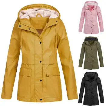 

Outdoor Hiking Windproof Solid Color Women Plus Size Hooded Long Jacket Coat