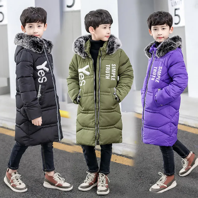 

Children's Winter Warm Cotton Jackets 2019 New Boys Long Fur Collar Hooded Jacket Kids Thick Outerwear Coats