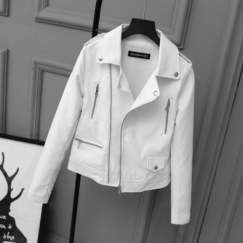 

New Spring Autumn Women Biker Leather Jacket Soft PU Punk Outwear Casual Motor Faux Leather White Jacket