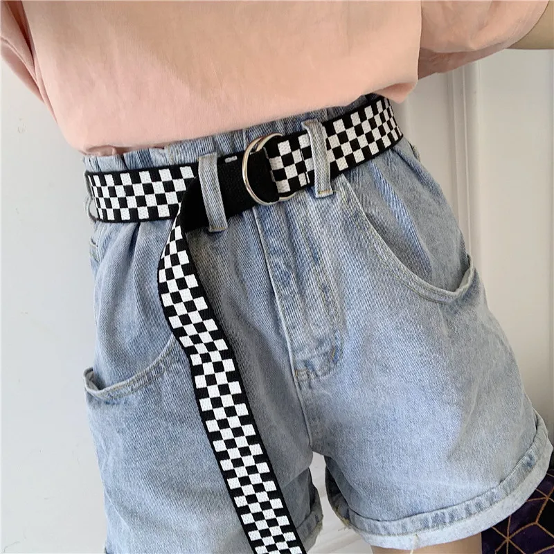 

Casual Checkerboard Canvas Belt Black White Plaid D Ring Double Buckle Long Waist Strap Student Teenager Men Women Jeans Belts