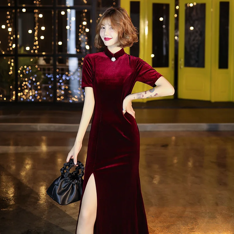 

Qipao Dress Chinese Style Restoring Ancient Ways Is Long Tail Cultivate Morality Host Wine Red Velvet Dress