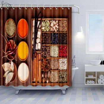 

Spice Shower Curtain Peppers Cardamom Chili Cinnamon Cloves Garlic Turmeric and Others In A Wooden Box Cloth Fabric Bathroom