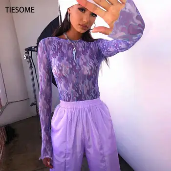 

TIESOME 2020 New Fashion Flame Print Purple Mesh Crew Neck T-shirt Women Sexy Clothes Spring Summer Top Tee High Street Shirts