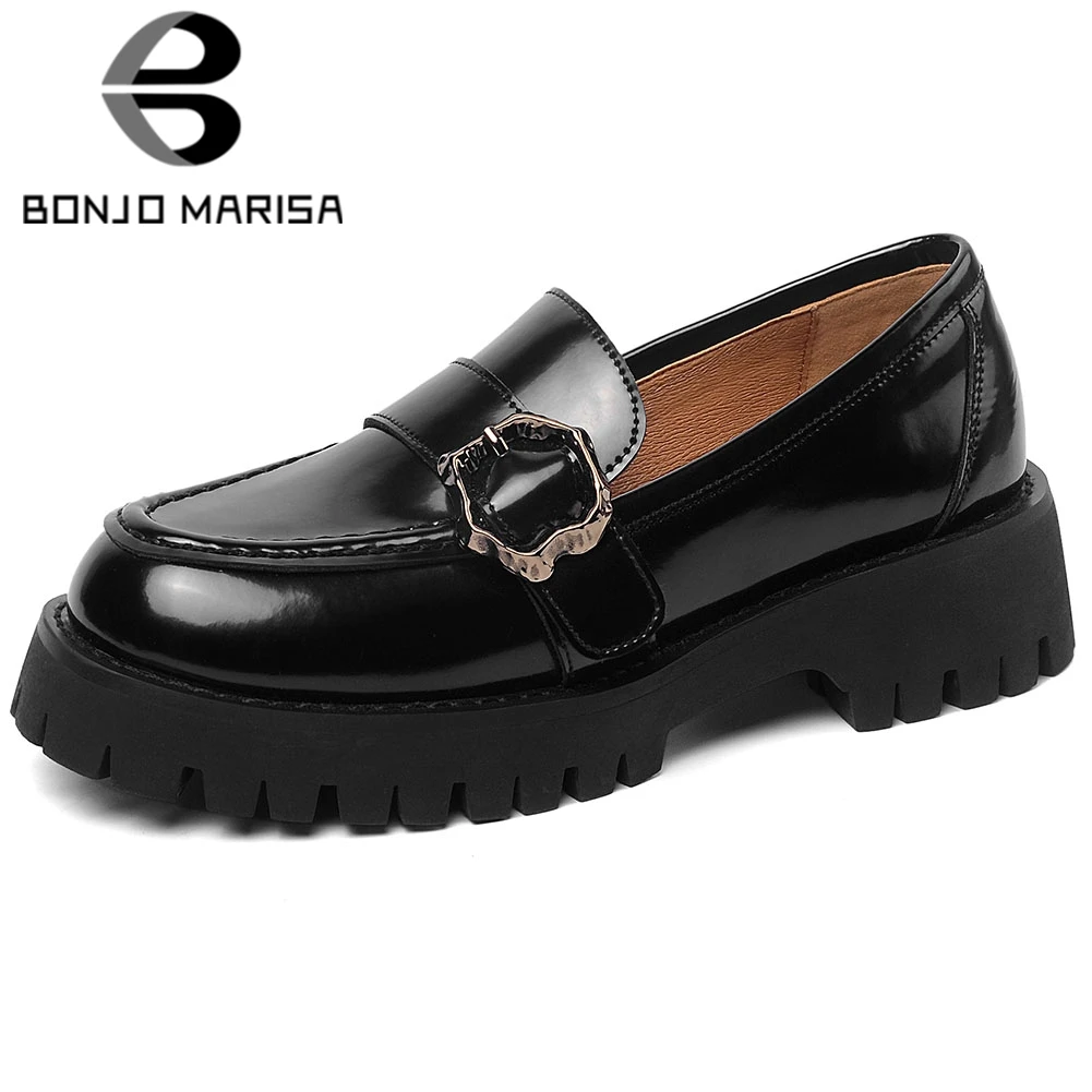 

BONJOMARISA Brand Lady Flats Genuine Leather Platform Chunky Heels Spring Flats Women Buckle Round Toe Slip On Shoes Woman
