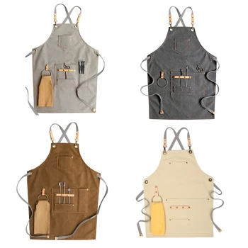 Chef Apron Cotton Canvas Cross Back Adjustable Apron with Pockets for Women and H58C