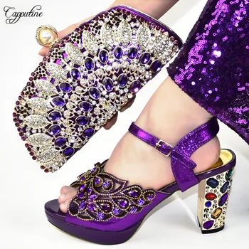 

New coming purple with luxury stones high heel shoes and evening bag set nice matching for lady dress 398-2 heel height 9cm