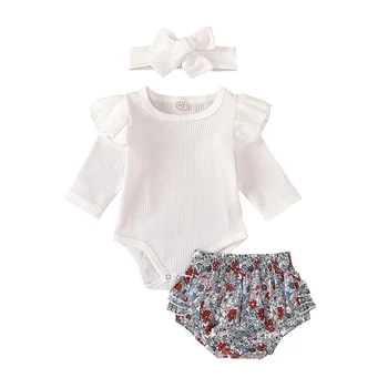 

2020 Summer Newborn Child Baby Girl Clothes Solid Color Lace Romper Jumpsuit + Floral Shorts + Headband Suit