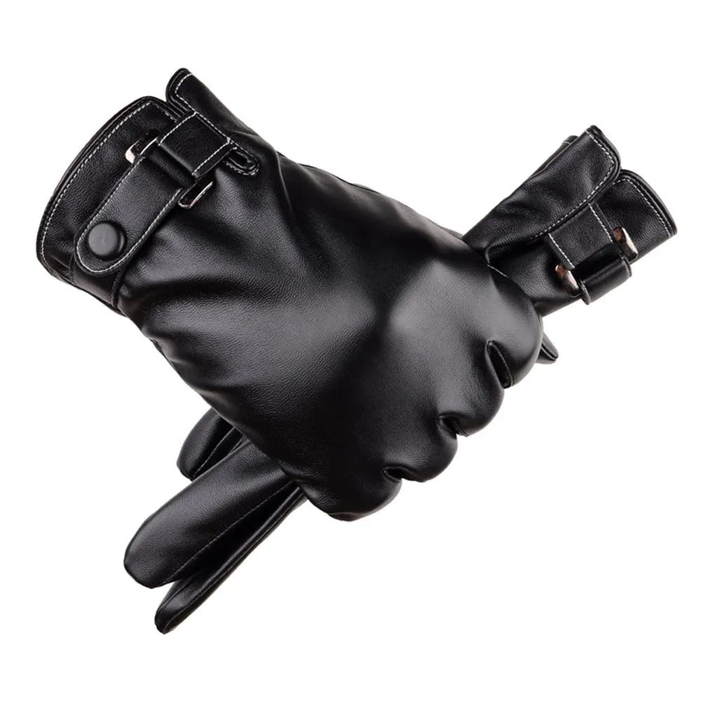 Зимние теплые мужские кожаные перчатки черные теплые перчатки для сенсорного экрана для мужчин модные брендовые зимние теплые варежки полный палец - Цвет: Black