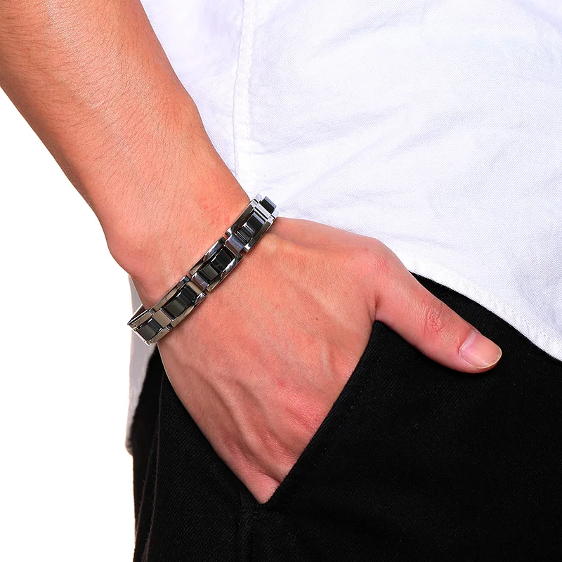 Exquisite Black Gallstone Stainless Steel Simple Fashion Bracelet For Men Energy Bracelet Bangles Good For Banquet As Men's Gift 6