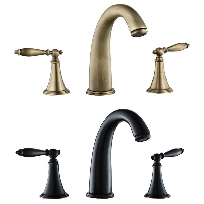 3 Hole Brass Handle Bathroom Sink Faucet Hot Cold Tap