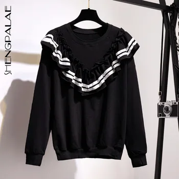 

SHENGPALAE 2020 New Autumn Winter Split Joint Lace Women Pullovers O-Collar Long Sleeve Loose Korean Fashion Sweatshirt FU063