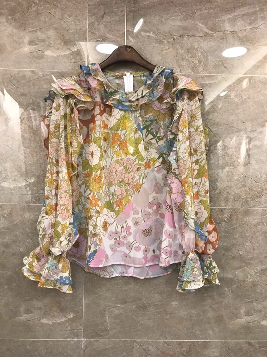 Ранняя осень новая женская блузка с длинными рукавами с декоративным принтом и воротником+ юбка с принтом 825