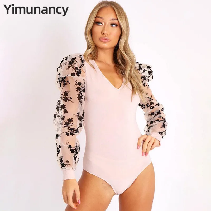 Yimunancy боди с цветочным принтом и длинным рукавом, женское сексуальное боди с v-образным вырезом, Дамское лоскутное облегающее боди, комбинезоны, уличная одежда