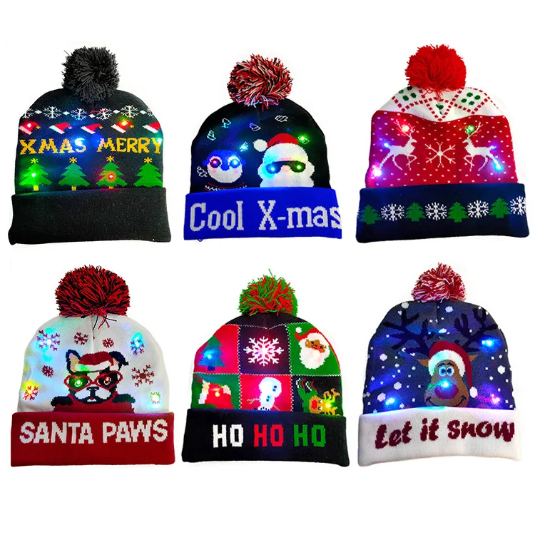 Wholesale New Children LED Christmas Hat With Lights Winter Warm Cartoon Knitted Pompom Beanie Cap For Kids Christmas Decoration