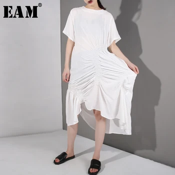 

[EAM] Women White Asymmetrical Pleated Long Dress New Round Neck Short Sleeve Loose Fit Fashion Tide Spring Autumn 2020 JT205
