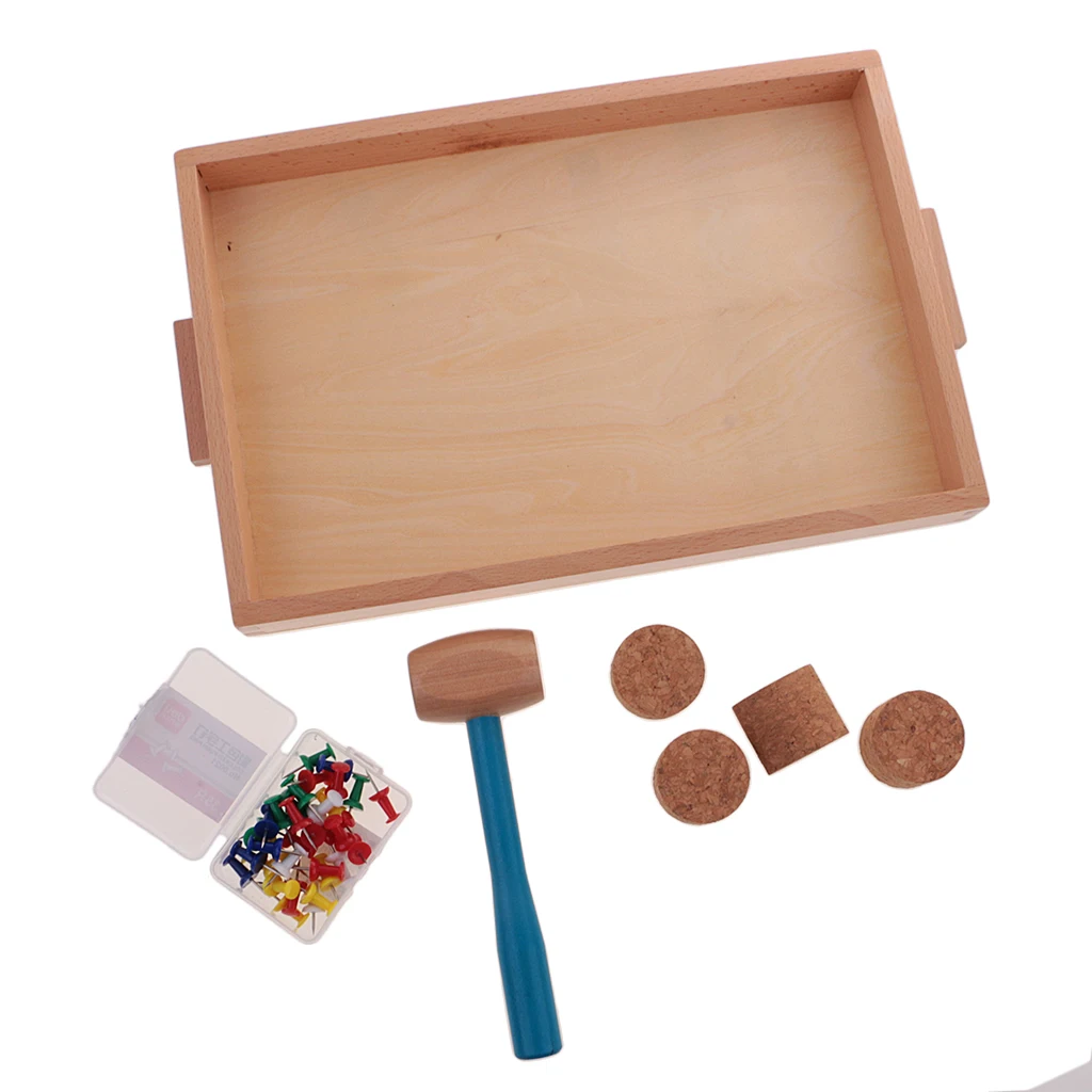 Wooden Tray w/ Beating Nail Hammer Spilings for Montessori Training Kids Toy