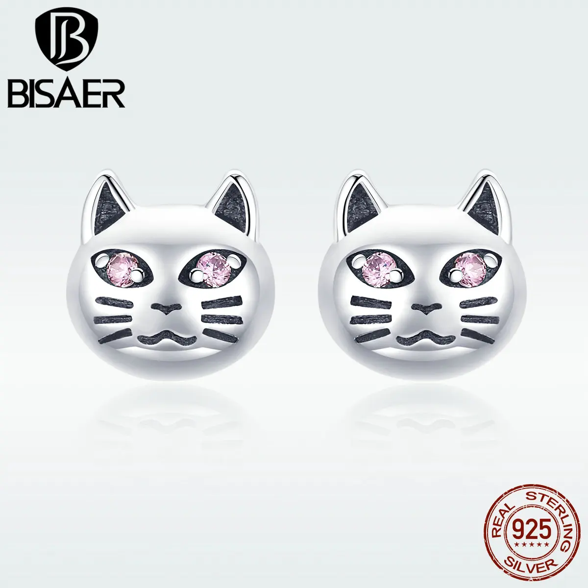 BISAER, серьги-гвоздики для женщин, 925 пробы, серебро, розовый, кошка, животное, серьги-гвоздики, модные ювелирные изделия, ювелирные изделия, серьги GXE440